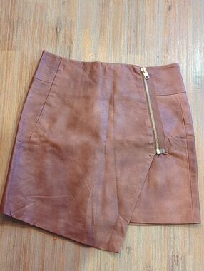 H&M Brown Faux Leather Mini Skirt with Asymmetrical Zip Detail